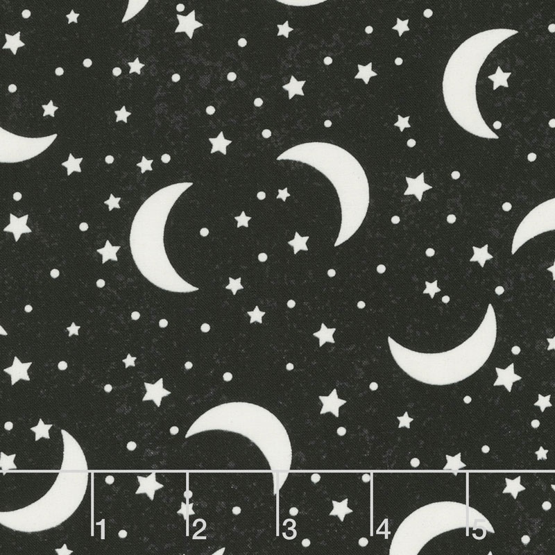 Novelty - Crescent Moons & Stars Black Glow in the Dark Yardage