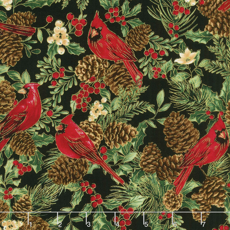 A Joyful Season - Cardinals And Pinecones Black Metallic Yardage