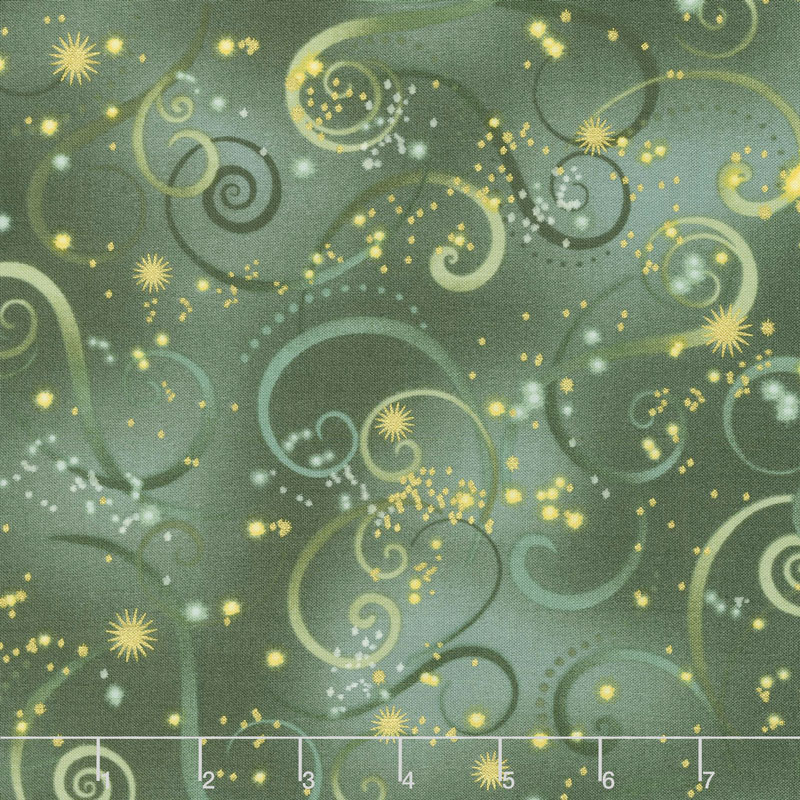 Dragonfly Dance - Blue Swirling Sky Evergreen Metallic Yardage