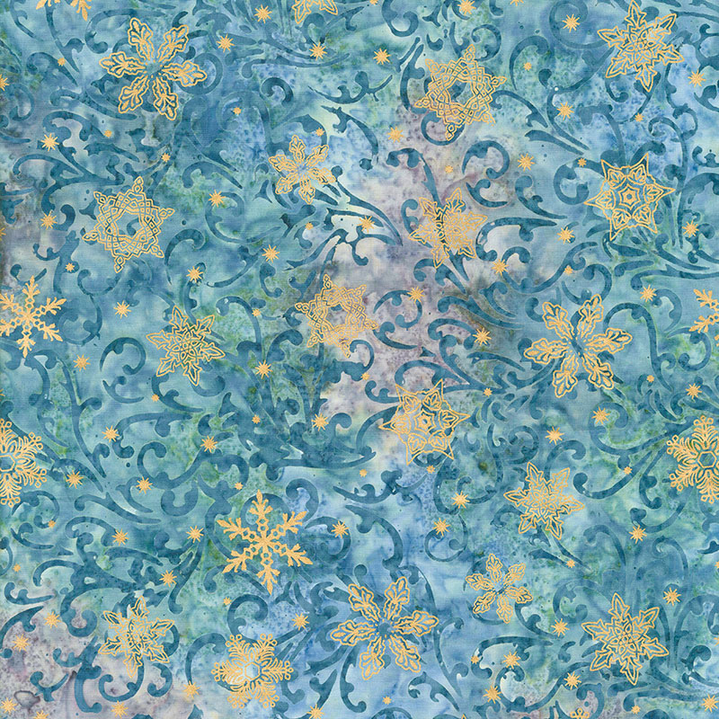 Artisan Batiks - Twilight Snowfall Swirls Snowflakes Dusty Blue Metallic Yardage