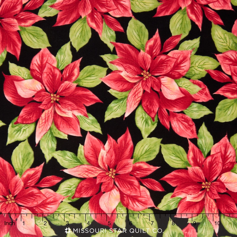 Songbird Christmas - Poinsettia Black Yardage