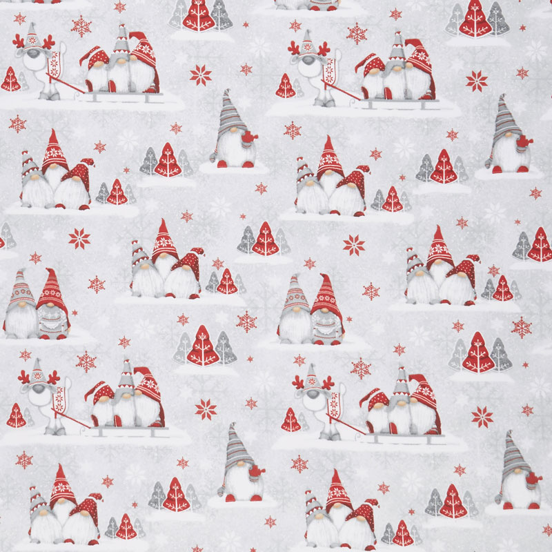 Winter Whimsy - Groups of Gnomes Gray Red Flannel Yardage