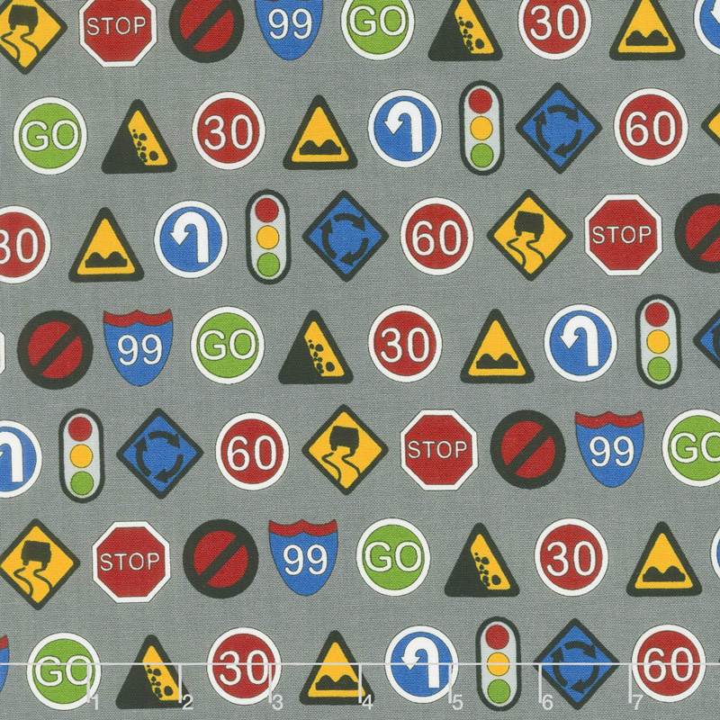 Traffic Jam - Signs Grey Fabric Yardage