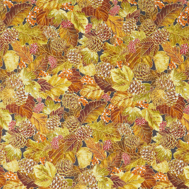Autumn Beauties - Leaves Pine Cones Autumn Metallic Yardage