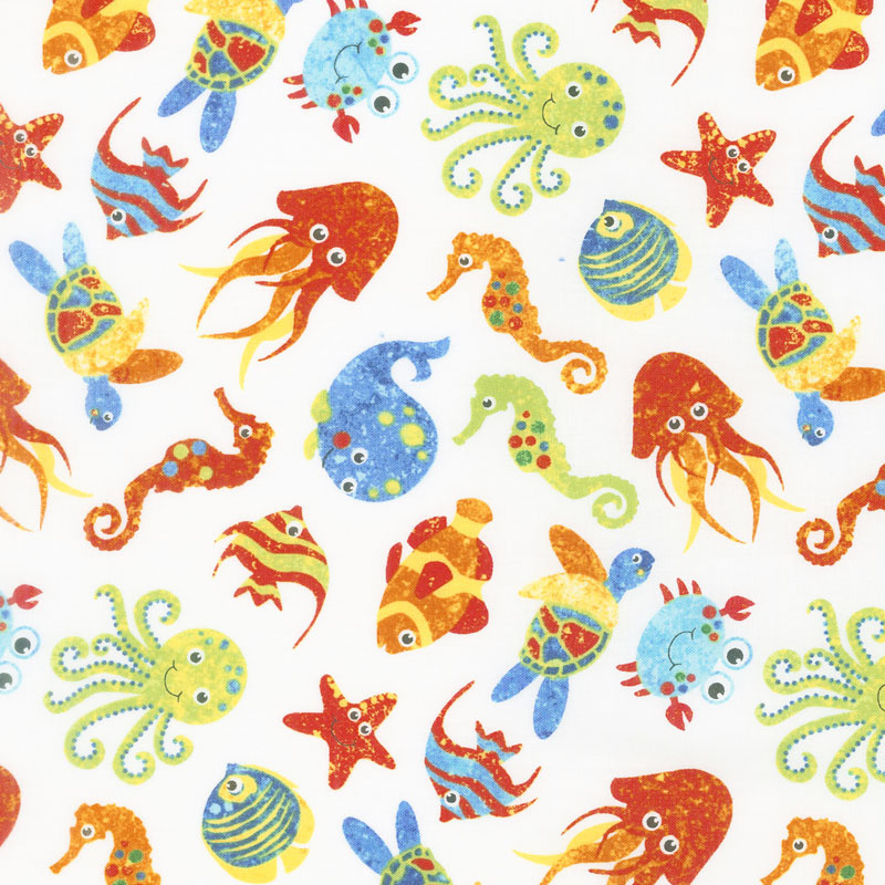 Undersea - Stonehenge Kids 3D Creatures White Multi Yardage