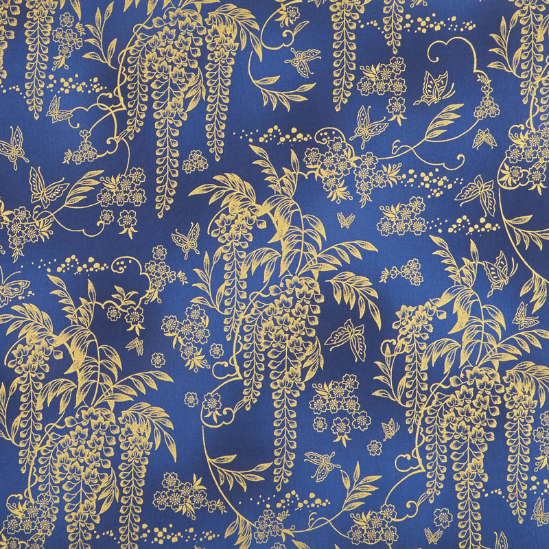 Imperial Collection 15 - Indigo Flowers and Vines Navy Metallic Yardage