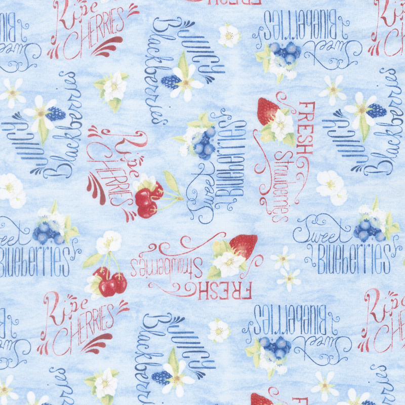 Berry Sweet - Berries and Word Toss Light Blue Yardage