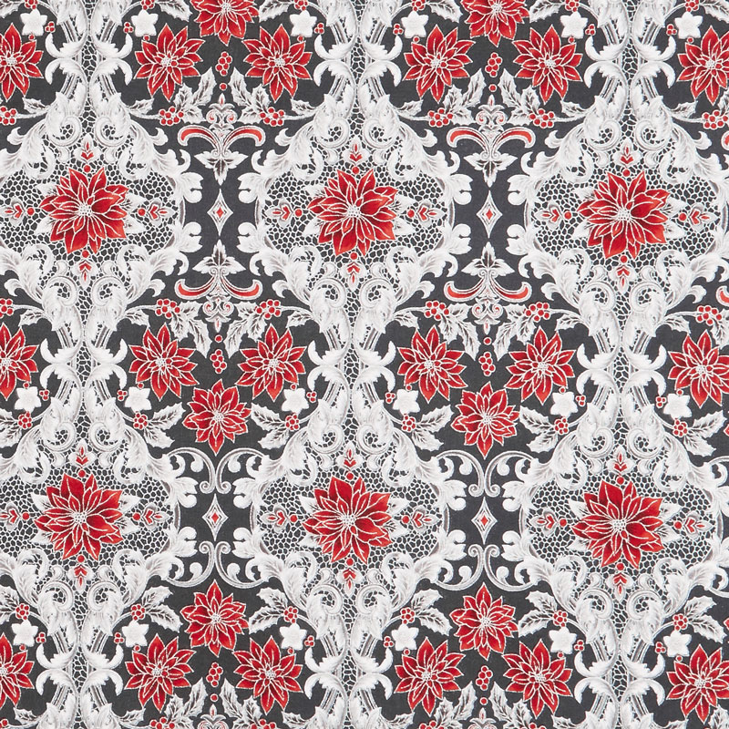 Holiday Flourish 12 - Scarlet Poinsettia Ebony Metallic Yardage