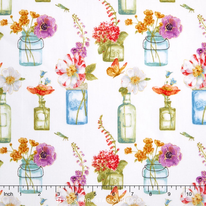 Rainbow Seeds - Floral Vases White Yardage