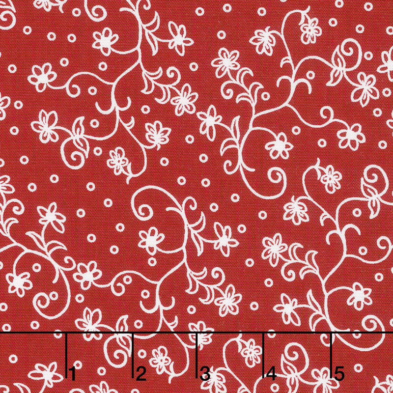 Scarlet Romance - Viney Small Floral White on Red Yardage