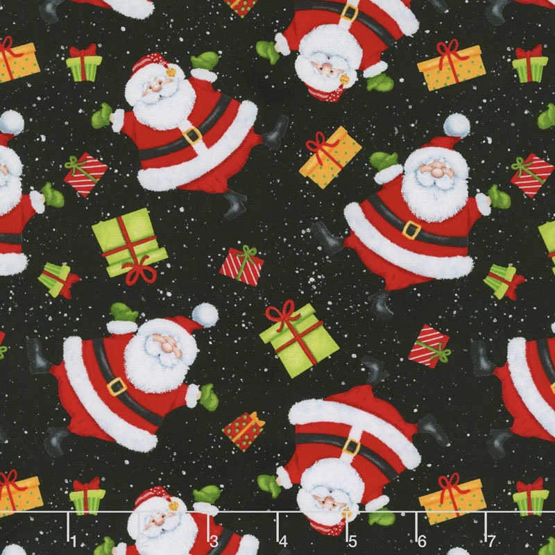 Jolly Ole' St. Nick - Tossed Santas Black Yardage