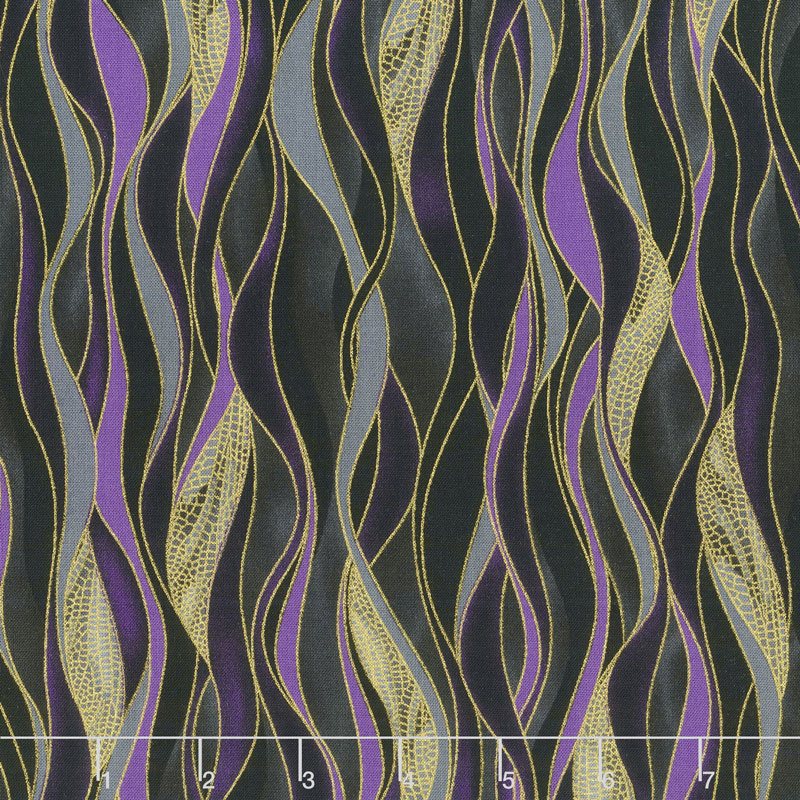 Dragonfly Dance - Purple Dancing Waves Black Purple Metallic Yardage