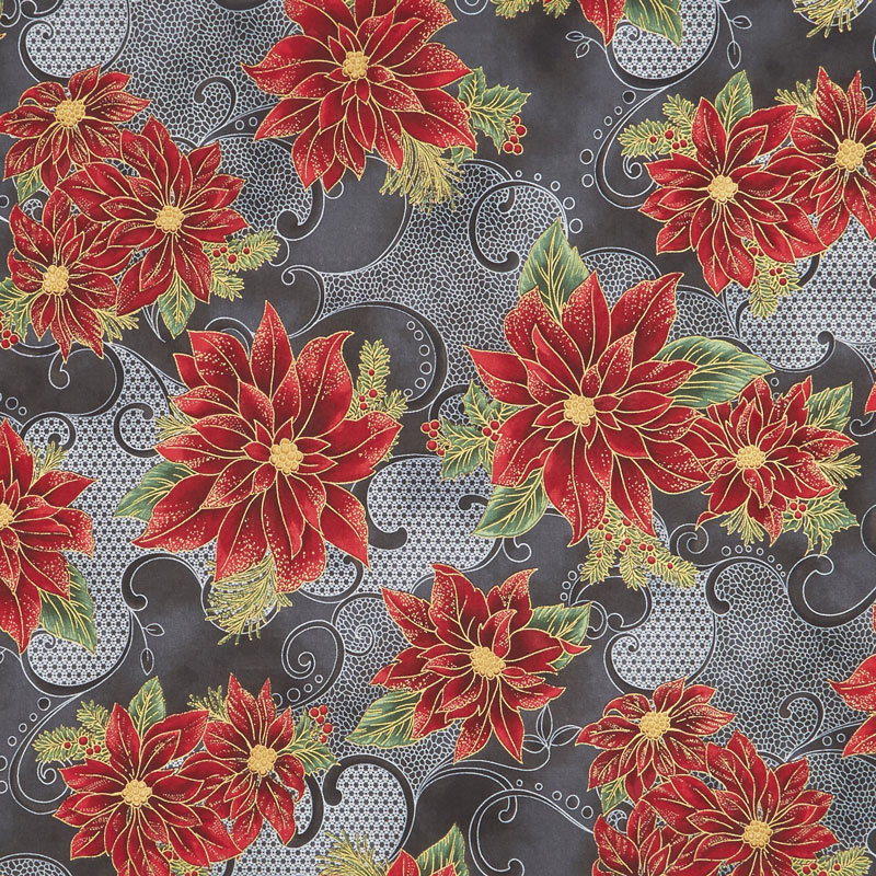 Holiday Flourish 12 - Poinsettia Black Metallic Yardage