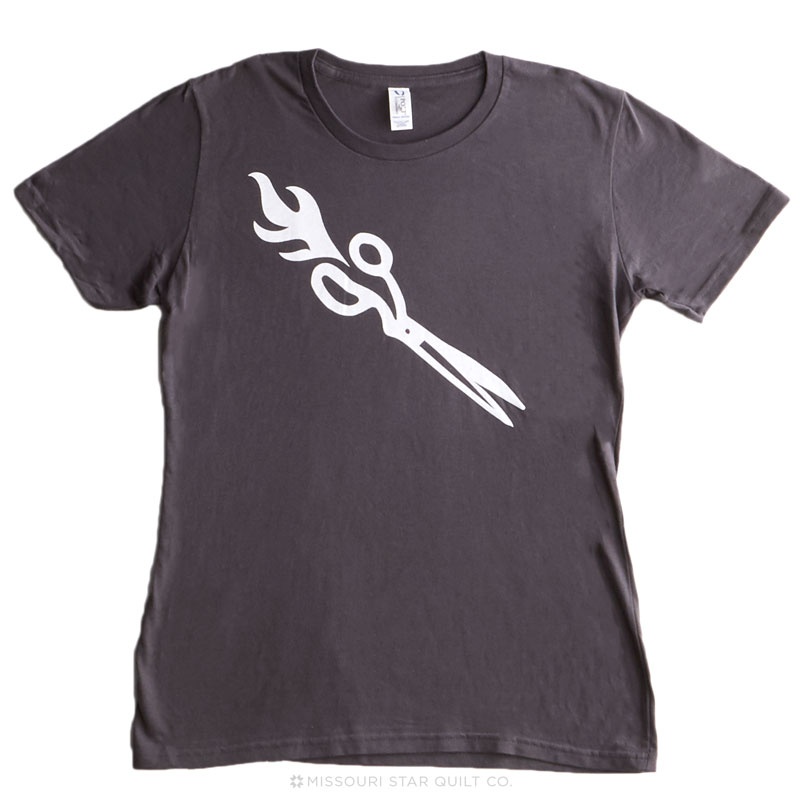 Man Sewing Flaming Scissors X-Large Women's Fitted Crew Neck T-Shirt - Charcoal