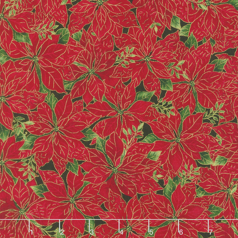 A Joyful Season - Packed Poinsettias Red Metallic Yardage