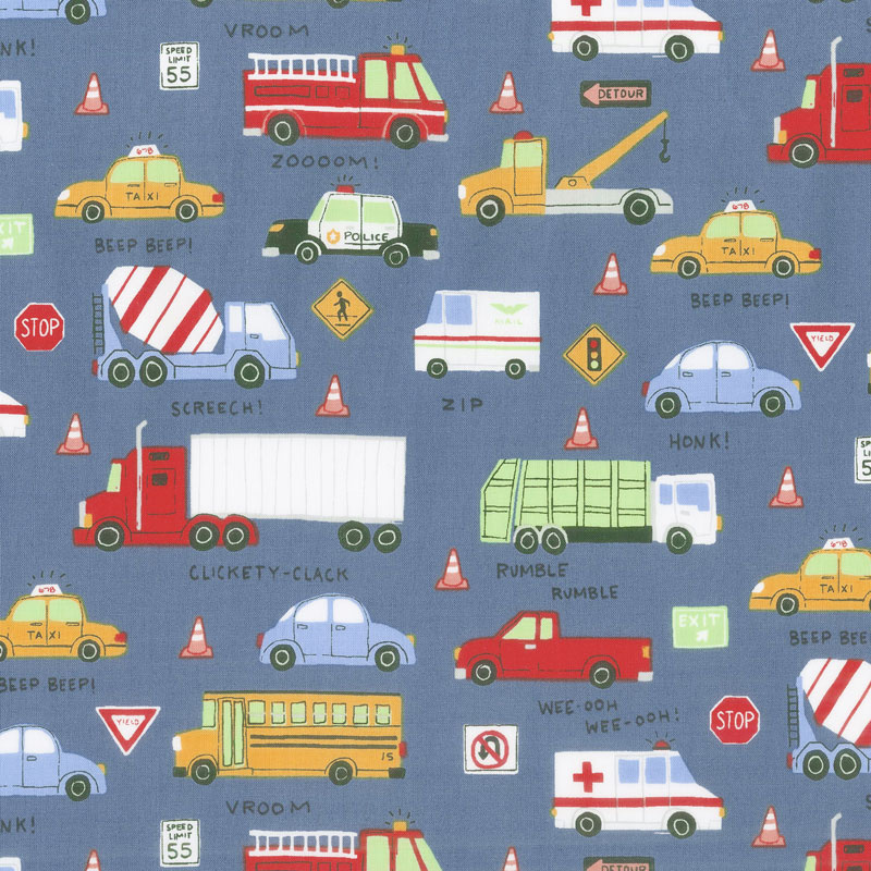 Keep On Truck'n - Toss Trucks Light Navy Yardage