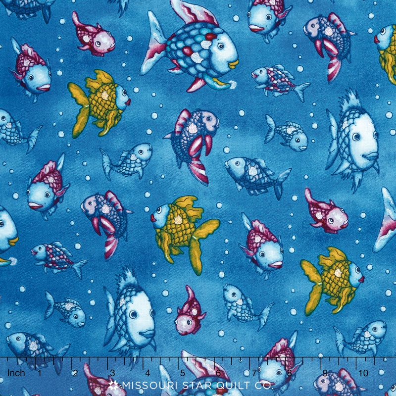 The Rainbow Fish - Swimming Fish Blue Metallic Yardage