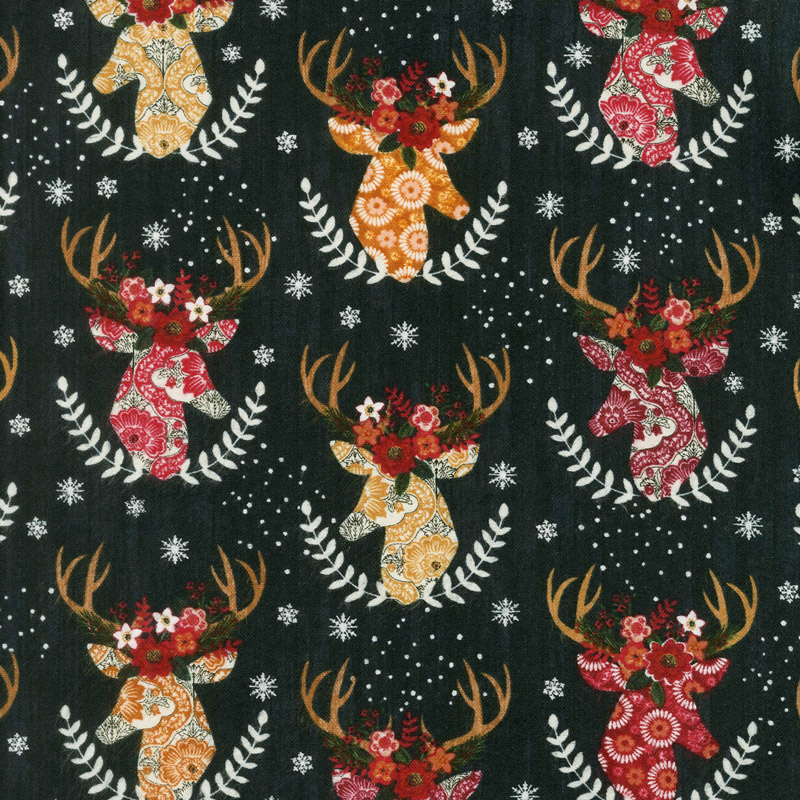 Christmas Novelties - Stag Heads Black Flannel Yardage