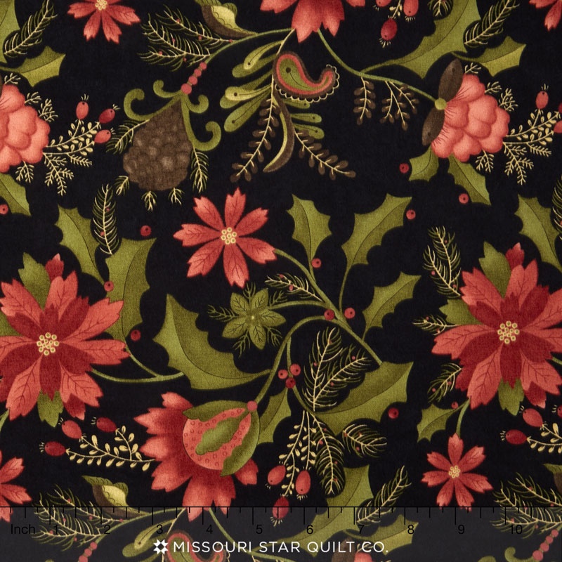 Delightful December - Elegant Floral Ebony Yardage