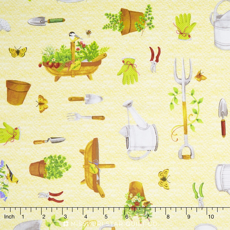 From the Garden - Garden Tool Toss Yellow Yardage