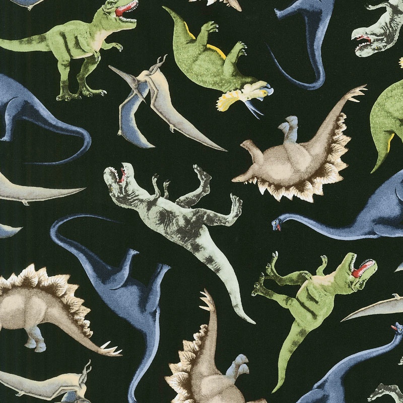 Animals - Dinosaurs Tossed Black Yardage