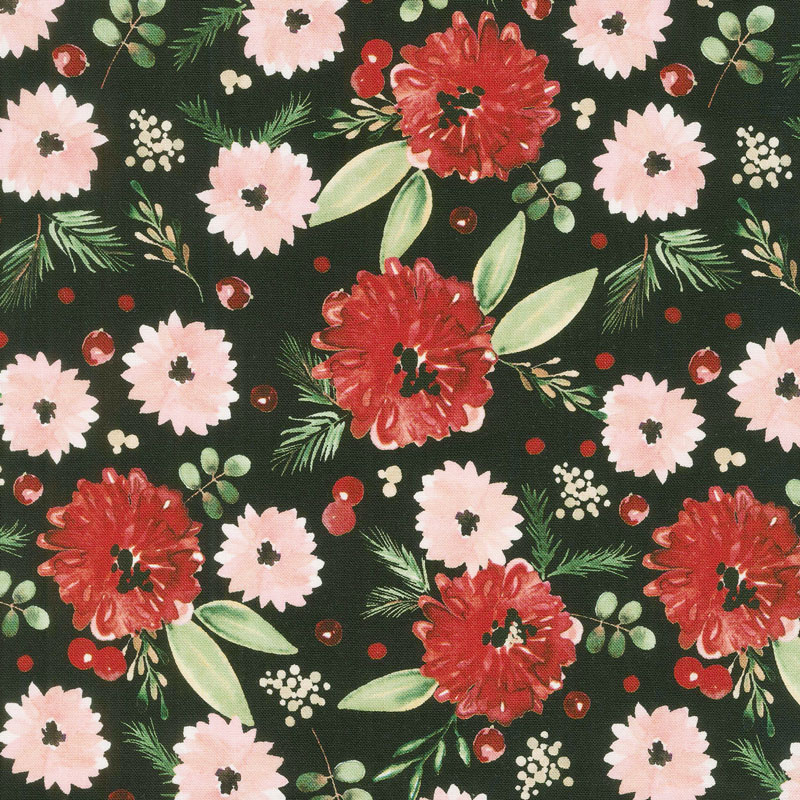 Winter Woods - Winter Floral in Black Yardage