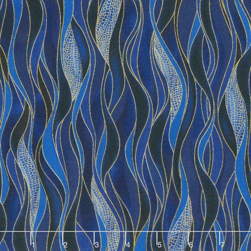 Dragonfly Dance - Blue Dancing Waves Navy Blue Metallic Yardage