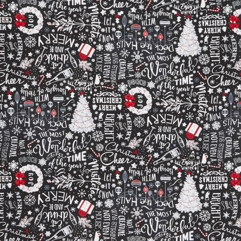 Let It Snow - Chalk Merry Christmas Tossed Black Yardage