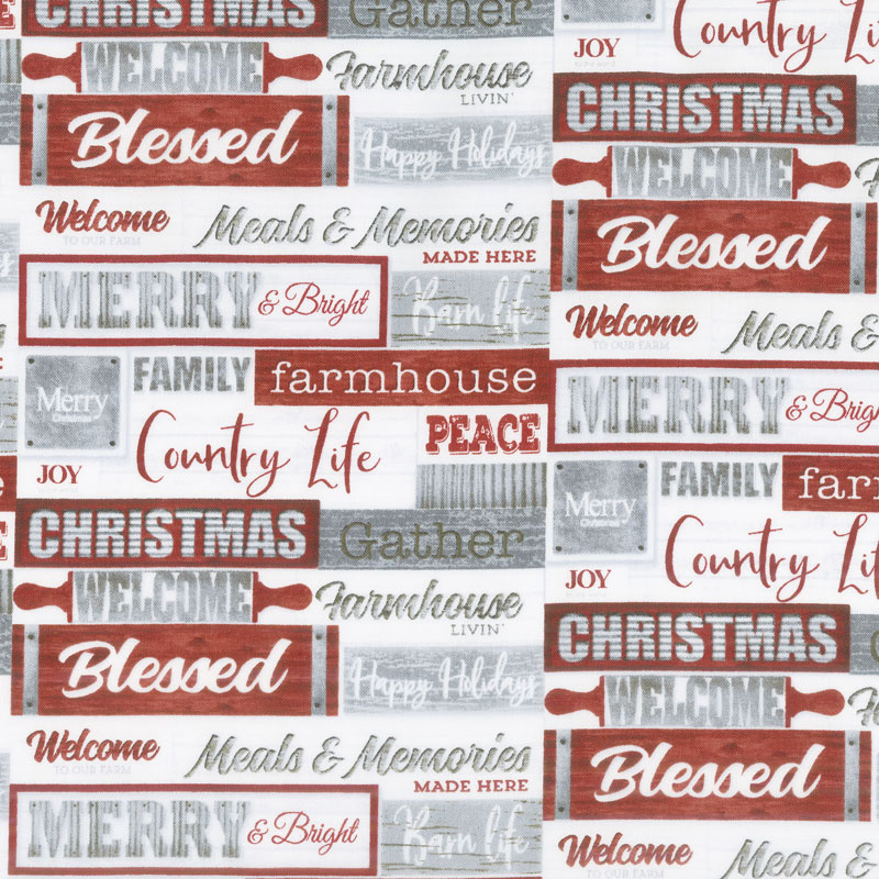 Holiday Homestead - Words Red Gray Yardage