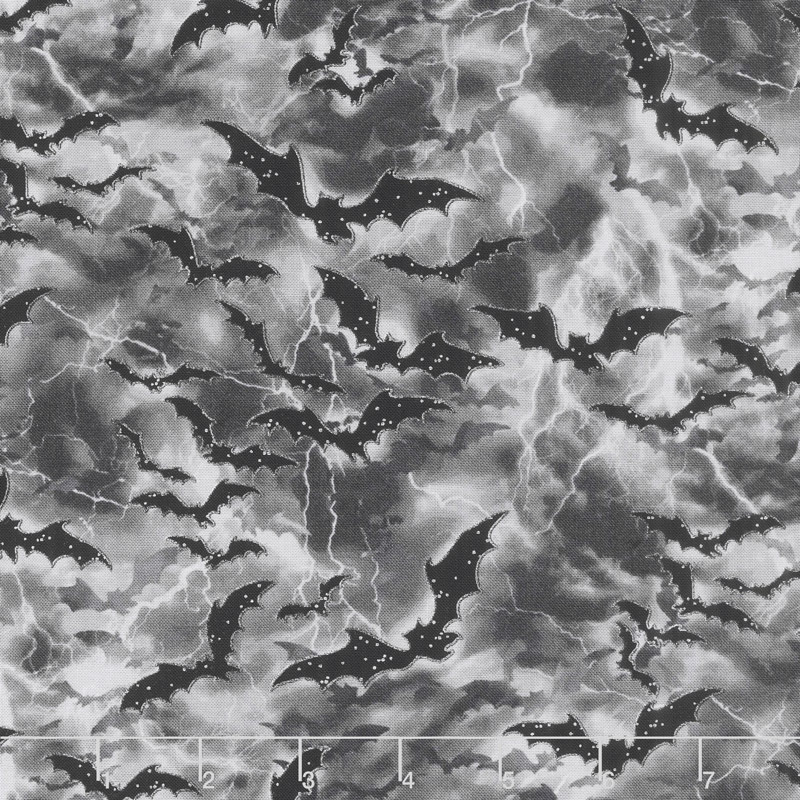 Hocus Pocus - Flying Bats Gray Metallic Yardage