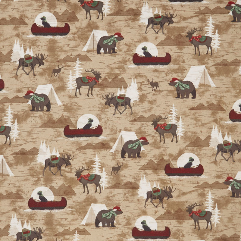 Woodland Haven - Canoes, Tents and Animals Allover Brown Flannel Yardage