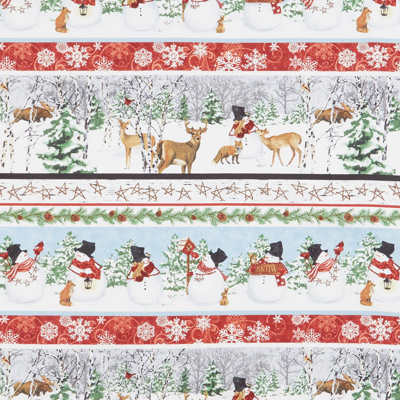 Snow Days - Novelty Stripe Snowmen and Animals Blue Red Yardage