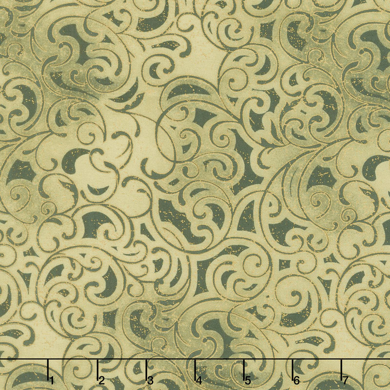 Grand Illusion - Scroll Green Metallic Yardage