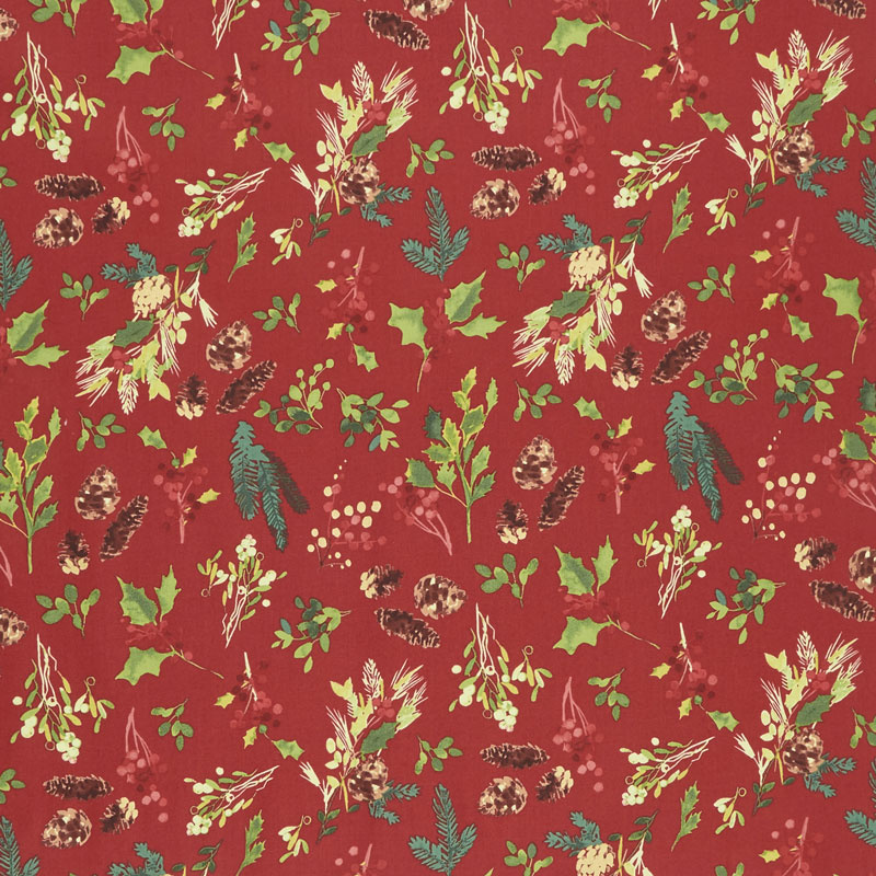 Merry & Bright - Pinecone Toss Red Metallic Yardage