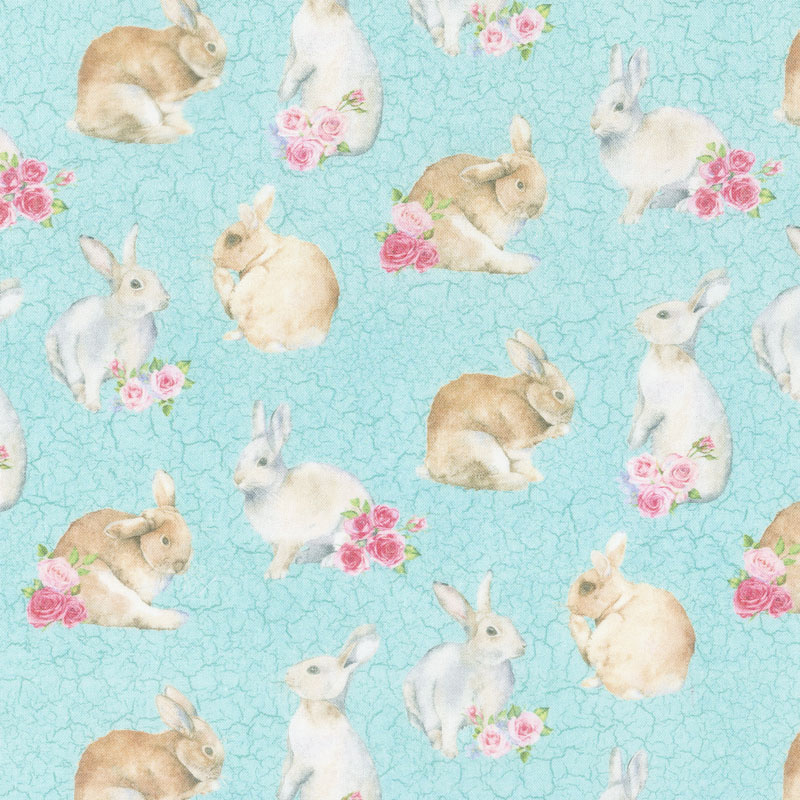Bunny Love - Realistic Bunnies Turquoise Multi Yardage