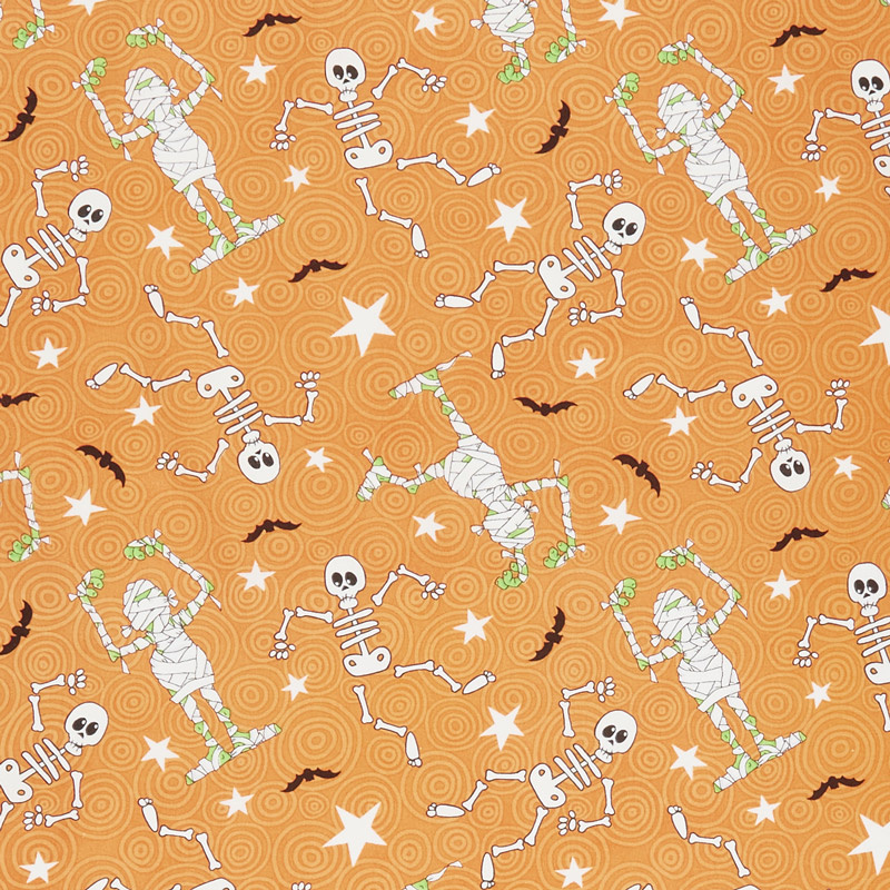 Ghostly Glow Town - Skeleton and Mummy Toss Orange Glow in the Dark Yardage