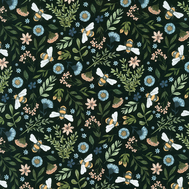 Bee Kind - Floral and Bee Toss Black Multi Yardage