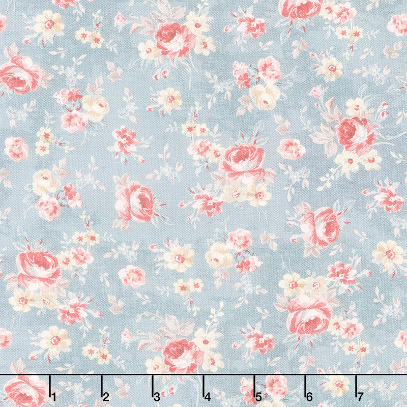 Farmhouse Chic - Floral Toss Gray Blue Yardage