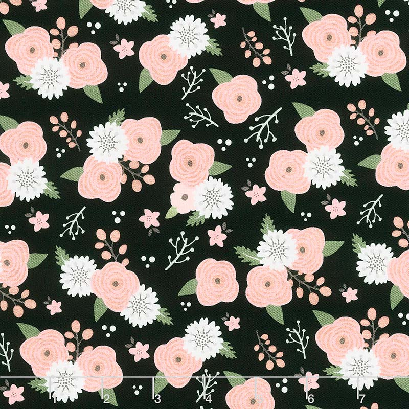 Modern Farmhouse - Modern Floral Black Metallic Yardage