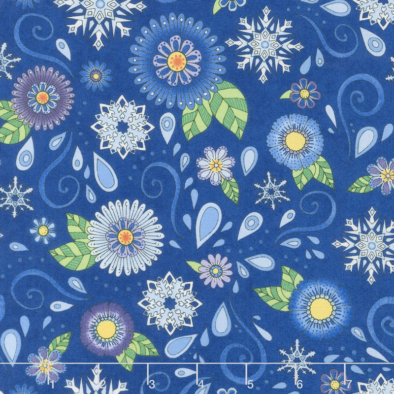 Arctic Wonderland - Blue Tossed Snowflakes & Flowers Yardage