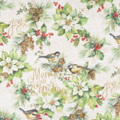 Deck the Halls - Feature Poinsettia with Birds Cream Yardage